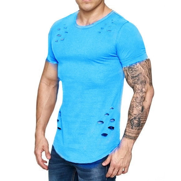 Camisetas de cuello redondo sueltas de color sólido rasgadas para hombre Camiseta de manga corta curvada ahuecada informal para hombre Vogacara FS7578-35