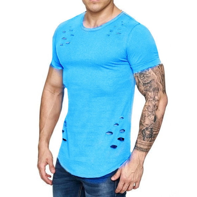 Camisetas de cuello redondo sueltas de color sólido rasgadas para hombre Camiseta de manga corta curvada ahuecada informal para hombre Methold FS7578-35