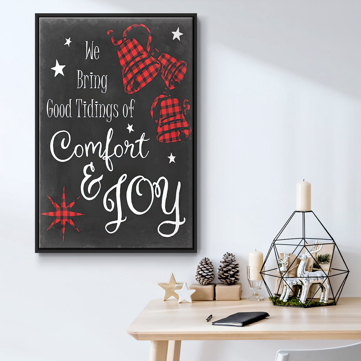 Comfort and Joy in Red - Framed Gallery Wrapped Holiday Canvas - 27 x 41 - Black Frame
