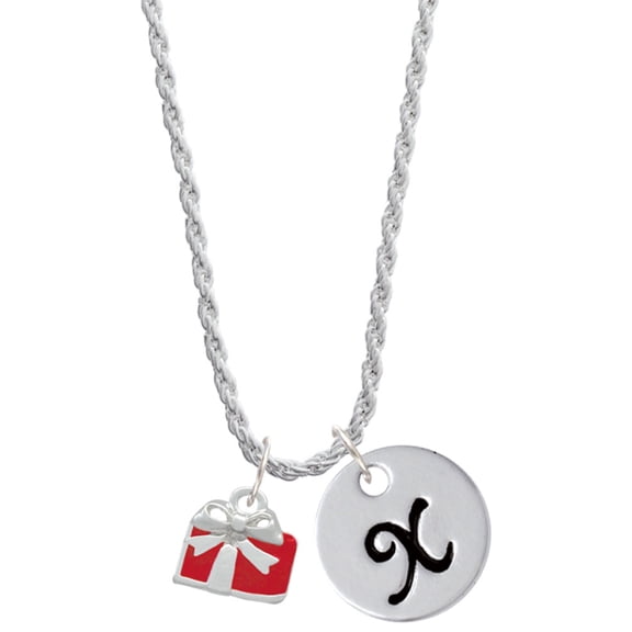 Delight Jewelry Silvertone Small Red Enamel Present Silvertone Script Initial Disc - X - Charm Necklace, 20" 3"