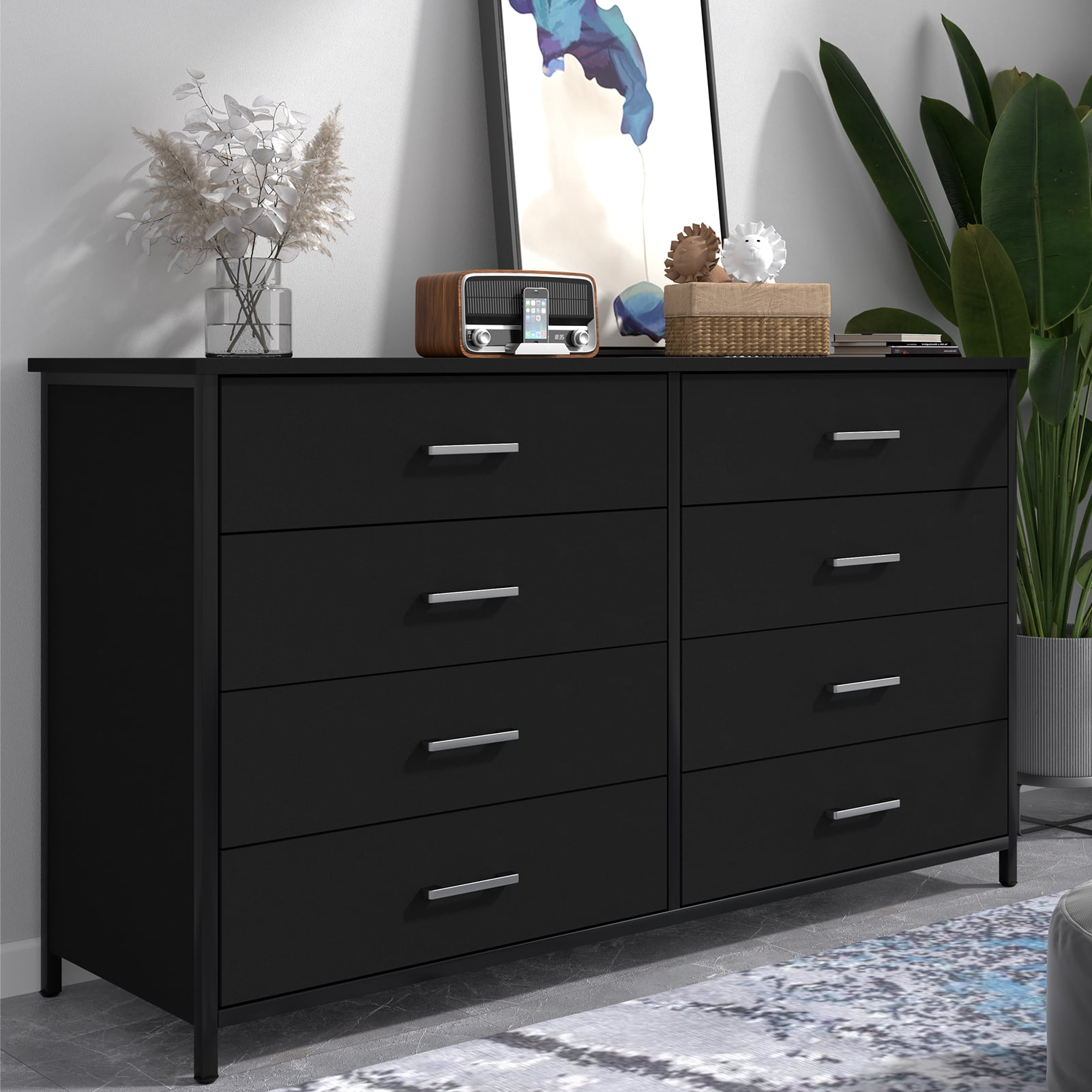 IKENO Industrial Style 8 Drawer Dresser, Black, Room Home Furniture