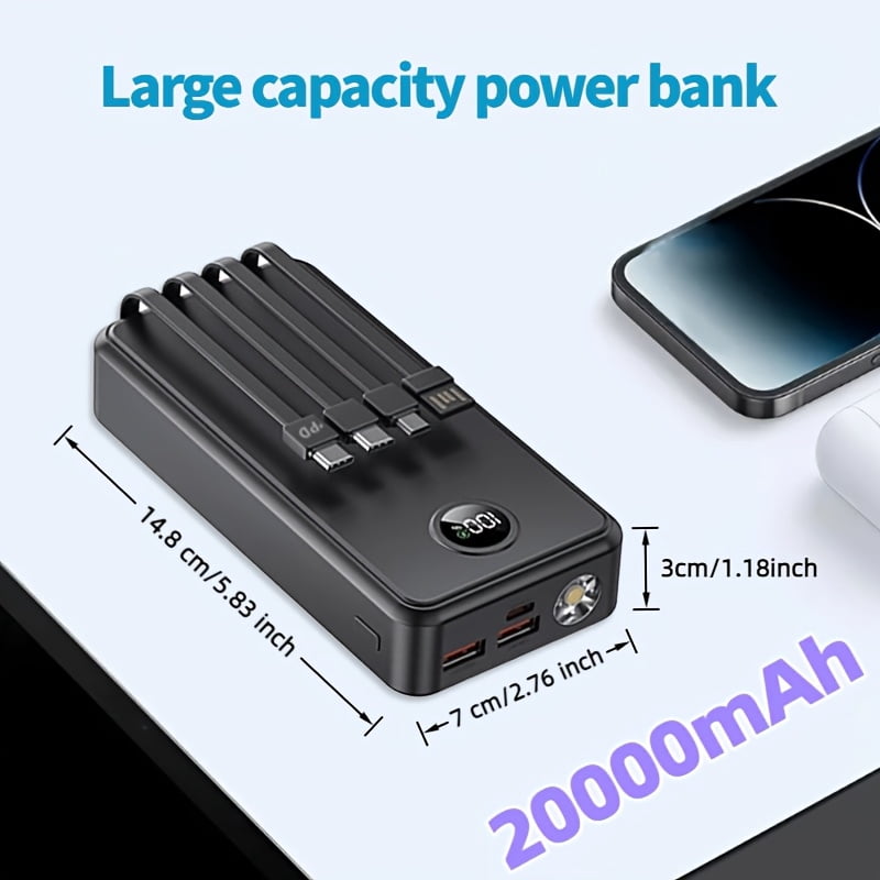 Travel Essential Portable 20000mAh Power Bank With 4 Built-in Cables,Travel Essential Portable Charger,22.5W Fast Charging Battery Charger,USB-C Input/Output, 6 Output 2 Input Cell Phone Battery Pack