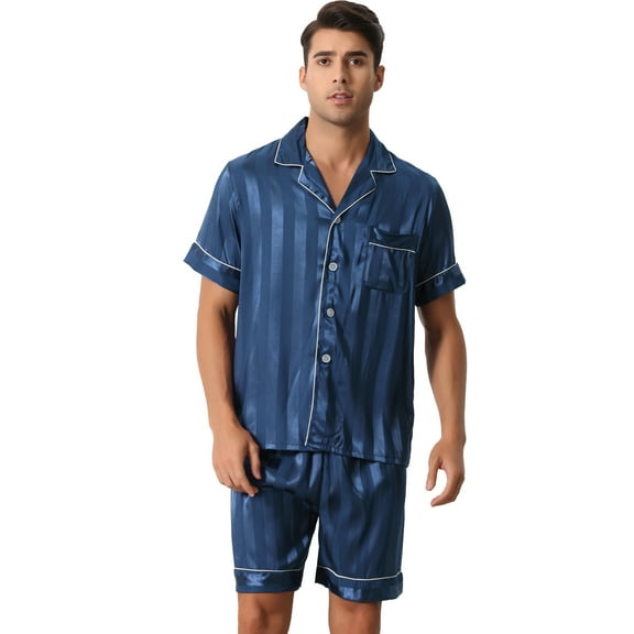 Unique Bargains Men's Satin Button Down Striped Short Sleeve Shorts Pajama Set L Blue