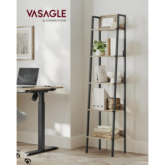 VASAGLE Bookshelf, 5-Tier Narrow Book Shelf, 11.8 x 13.3 x 66.9 Inches, Ladder Shelf for Home Office, Living Room, Bedroom, Kitchen, Camel Brown and Ink Black