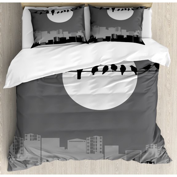 Bird on a Wire Duvet Cover Set King Size, Moon at Night Scenery with Avian and City Silhouettes, Decorative 3 Piece Bedding Set with 2 Pillow Shams, Charcoal Grey White and Grey, by Ambesonne