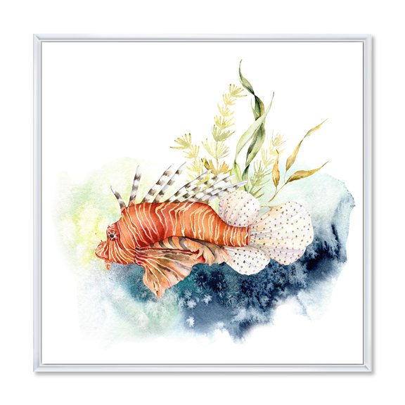 Designart 'Kelp and Lionfish With Coral Reef and Laminaria' Nautical & Coastal Framed Canvas Wall Art Print