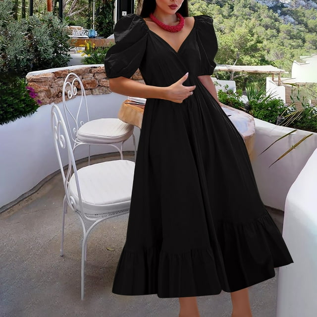 Pisexur Robe à Manches Courtes Col en V Mode Femmes Été Solide Décontracté Col en V Manches Courtes Vacances Taille Élastique Robe Femmes Robe