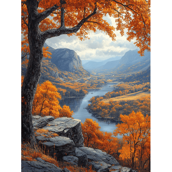 Autumn River Valley Landscape Canvas Painting， Suitable for Living Room， Bedroom， Office， Hotel， and Gallery Wall Decor