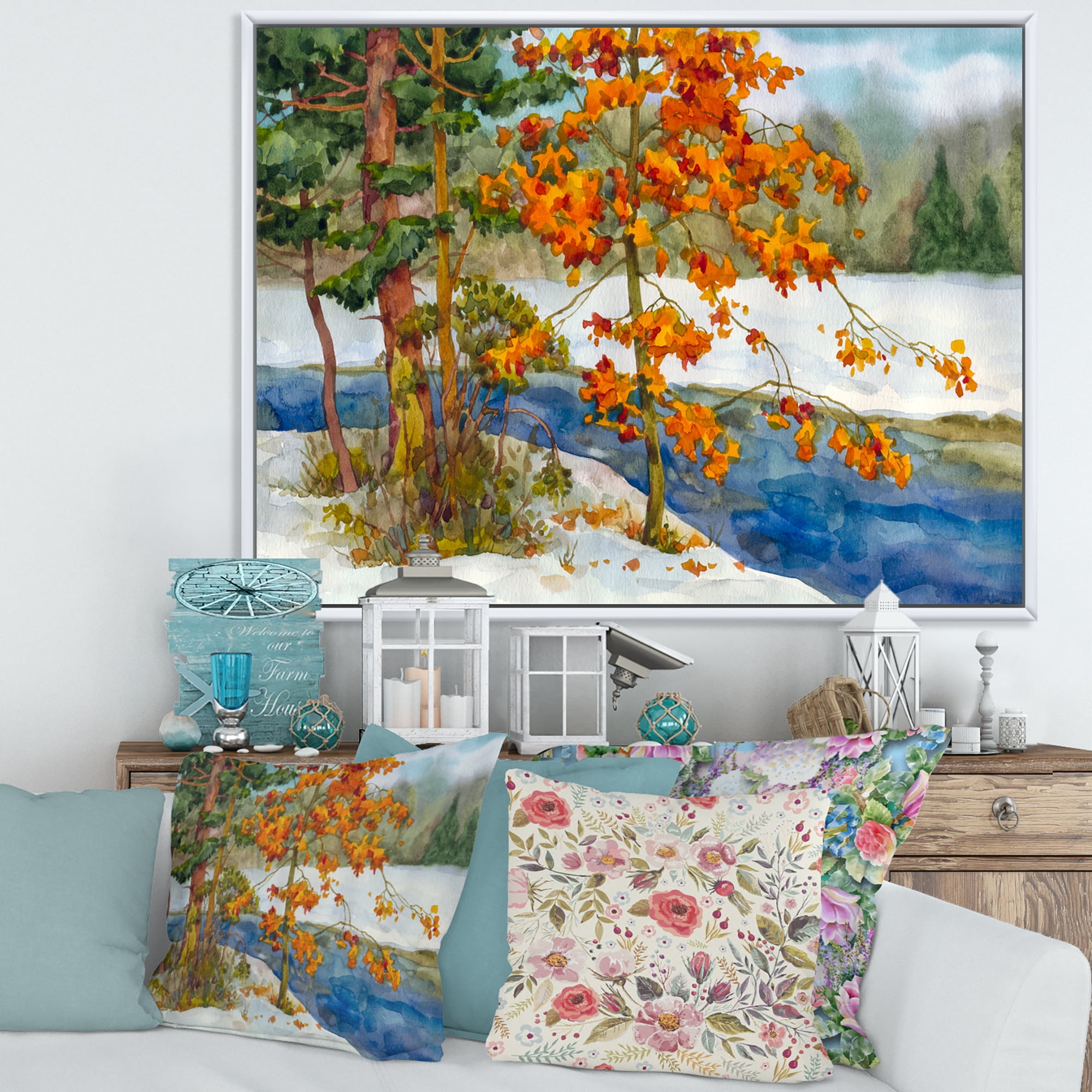 Designart 'Stream Through The Winter Forest I' Lake House Framed Canvas Wall Art Print