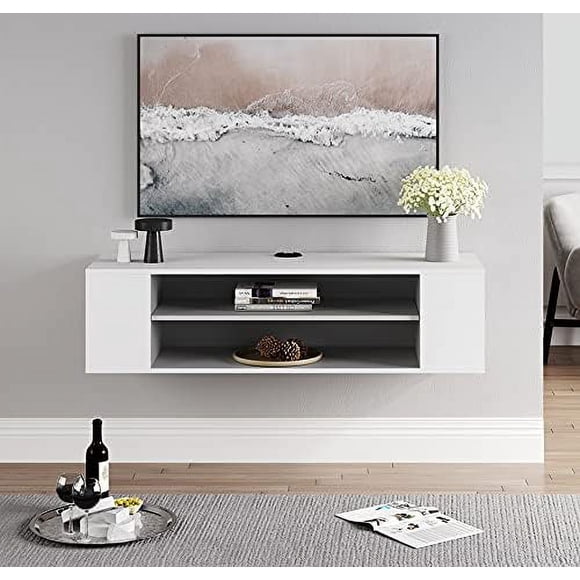 Floating TV Stand Shelf for TVs up to Flat Screen Wall Mounted Entertainment Center Cabinet Component Media Console Hutch with Storage for Audio/Video in Living Room &Grey
