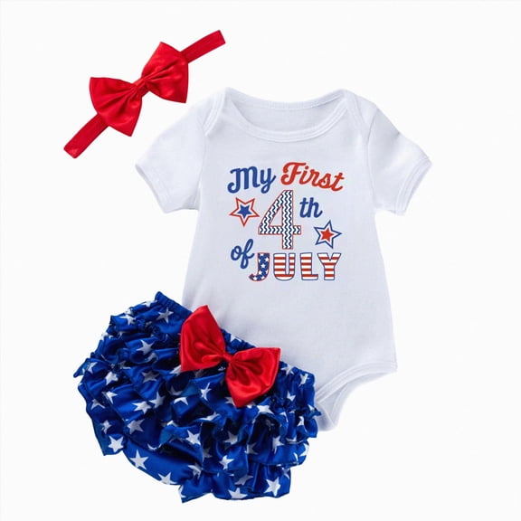 KPOPLK Newborn Baby Girl 4th of July Outfit Letter Print Ruffle Romper Star Shorts Headband 3Pcs Infant Summer Clothes Size 3-6 Months,Red