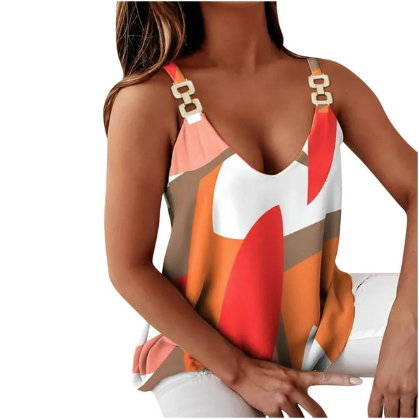 Blusa de cadena sin mangas con cuello en V y estampado informal a la moda para mujer Fridja gh7263