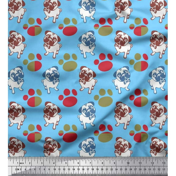 Soimoi Cotton Duck Fabric Paw & Pug Dog Print Fabric by The Yard 42 Inch Wide