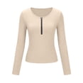 thumbnail image 7 of VEKDONE Womens Sexy Tops Long Sleeve Zipper V Neck Shirts Ribbed Knit Low Cut Tops Fall Stretch Slim Fit Shirts Solid Color Fashion Blouses Khaki L, 7 of 7