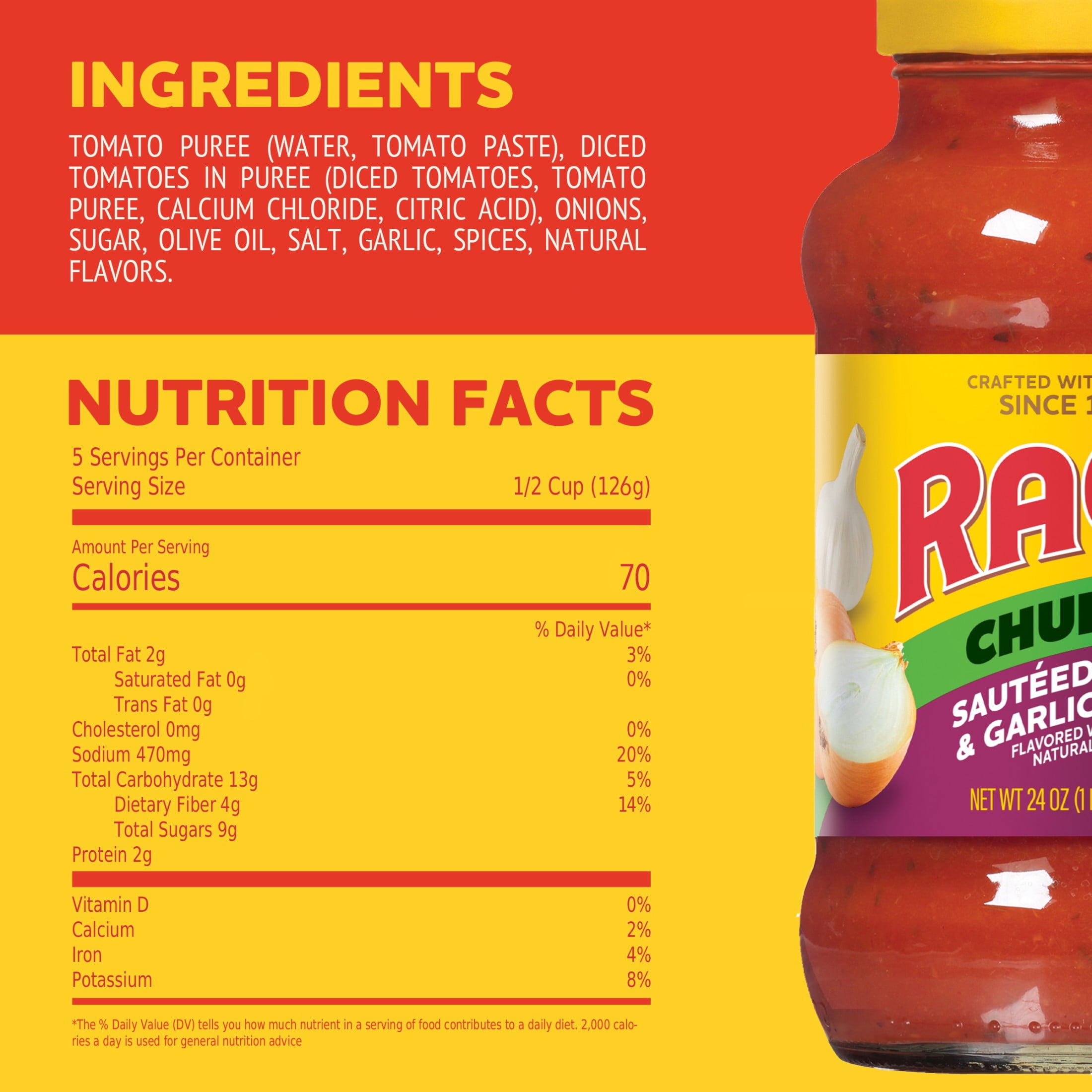 (6 pack) RAGU Chunky Sauteed Onion and Garlic Pasta Sauce, 24 oz