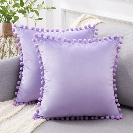 

Top Finel 16x16 Decorative Pillow Covers Set of 2 Lavender Purple Couch Bed Pillow Covers with Pom Poms Square Throw Pillows Soft Velvet Pillow Cases for Bedroom Livingroom Spring Easter Home Decor