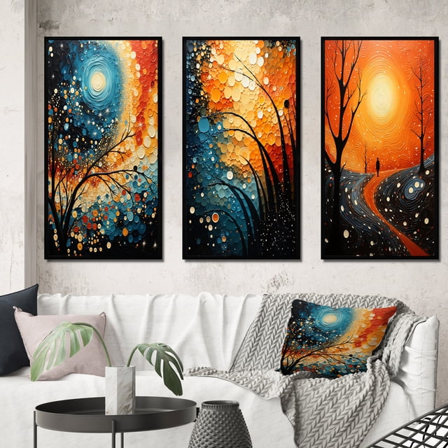 Designart "Tree Aerial Dance painting" Cottage Framed Wall Art Set Of 3 - Teal Trees Frame Gallery Wall Set For Home Decor