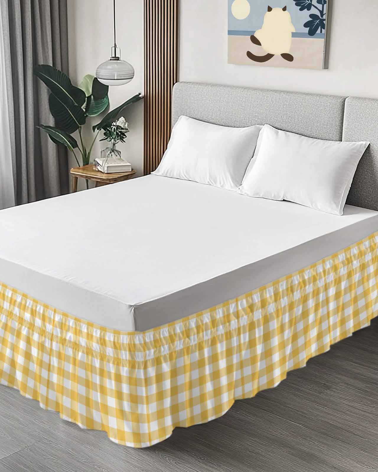 Pastoral Style Bed Skirt King Size 16" Drop Yellow Lattice Ruffled Wrap Around Bed Skirts Adjustable Elastic Bedskirt Dust Ruffle for King Size Bed