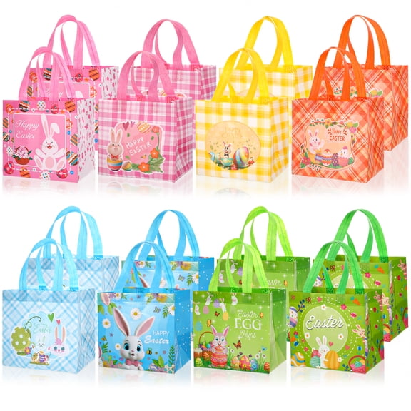 sixwipe 16 Pack Easter Non-woven Bags with Handle, Happy Easter Gift Bags, Treat Bags Rabbit Bunny, Reusable Easter Goodie Bags, Waterproof, 8.27 x 7.87 x 5.9 inch