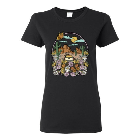 Wild Bobby Trendy Landscape With Daisies Cactus Monarch Butterfly Nature Lover Women Graphic Tee, Black, Small