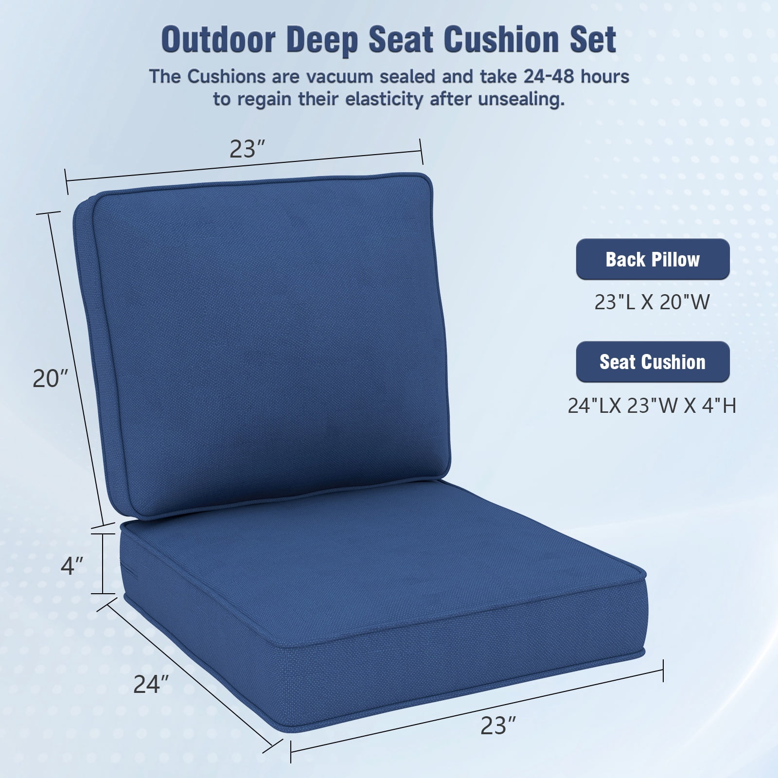 Feishominoo 23" x 24" x 4" Outdoor Back and Seat Cushions Set of 5, 10-Piece Replacement Deep Seating Cushions for Patio Furniture, Blue