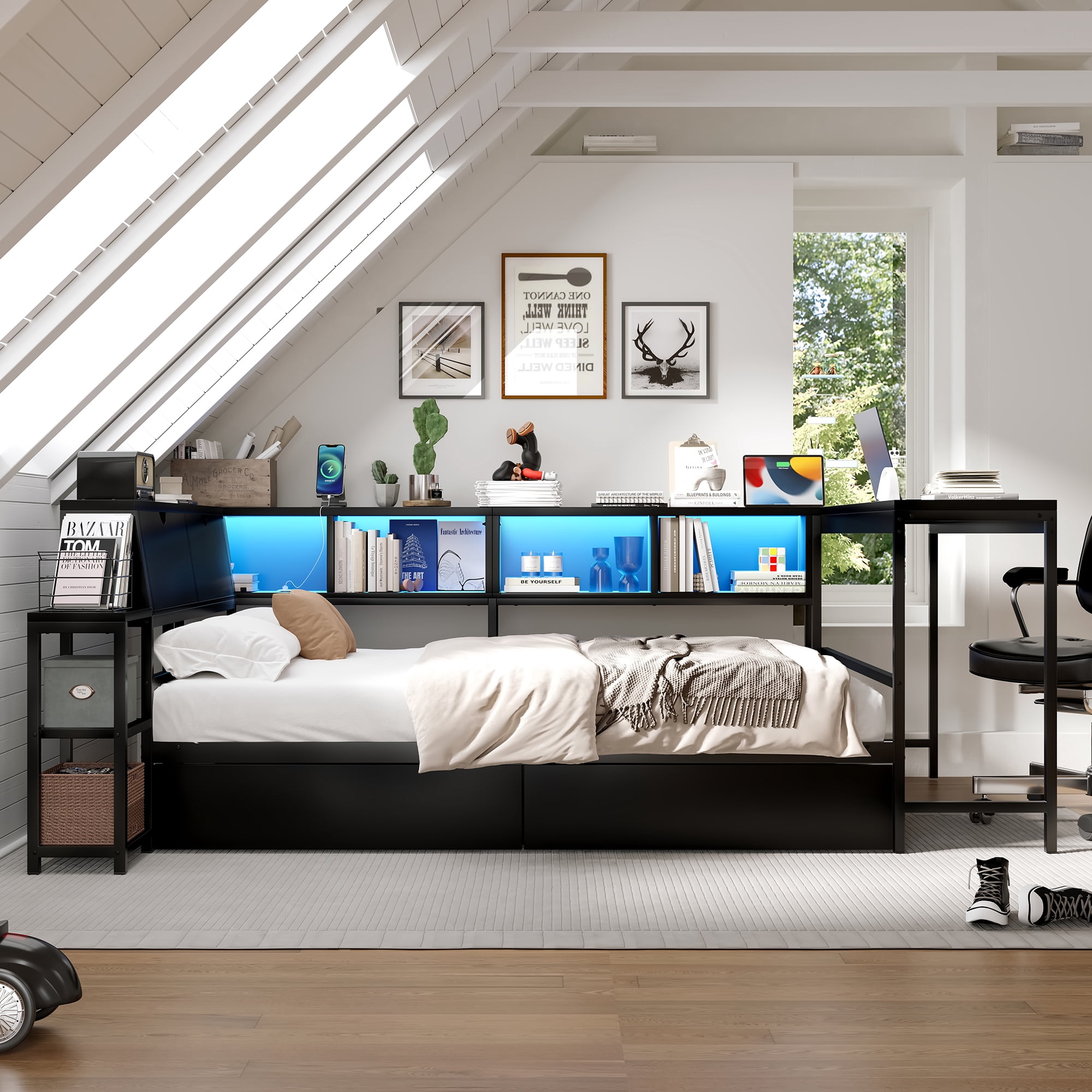 Mintazer Full Corner Bed Frame with Desk & Bookcase Headboard, Platform Bed Frame with LED Lights & Charging Station and 2 Drawers for Bedroom Living Room, Black