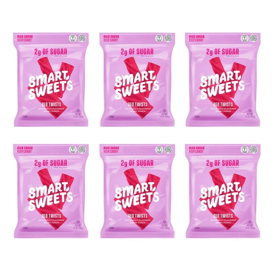 Smart Sweets Red Twists, Licorice Gummy Candy with Low Sugar (2g), Low Calorie (110), No Artificial Sweeteners, Vegan, Plant-Based, Gluten-Free, Healthy Snack for Kids & Adults, 1.8oz (Pack of 6)
