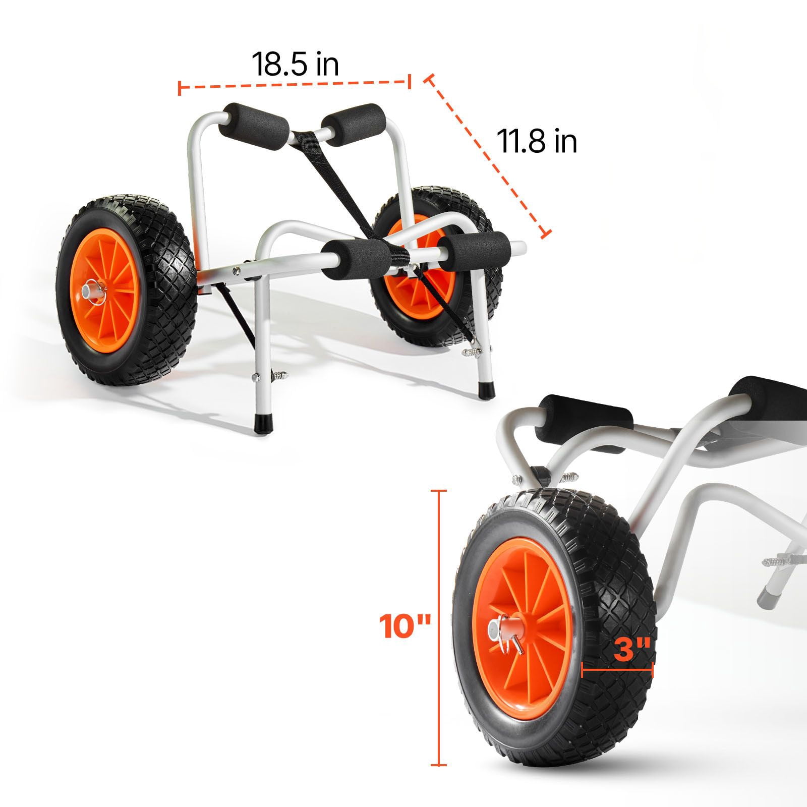 Foldable Kayak Cart, 250Lbs Capacity, 10" Solid Rubber Tires, 1 Ratchet Strap, for Canoe/Paddleboard/ Boat/Mats