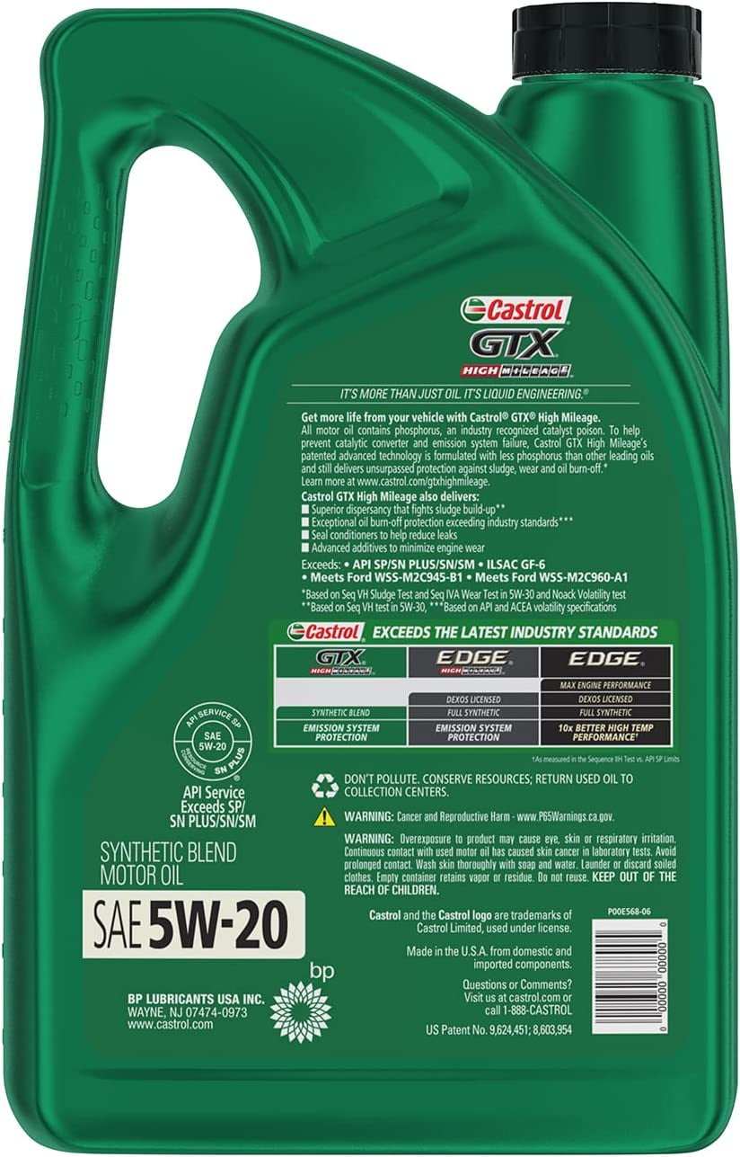 Castrol GTX High Mileage 5W-20 Synthetic Blend Motor Oil, 5 Quarts, Case of 3