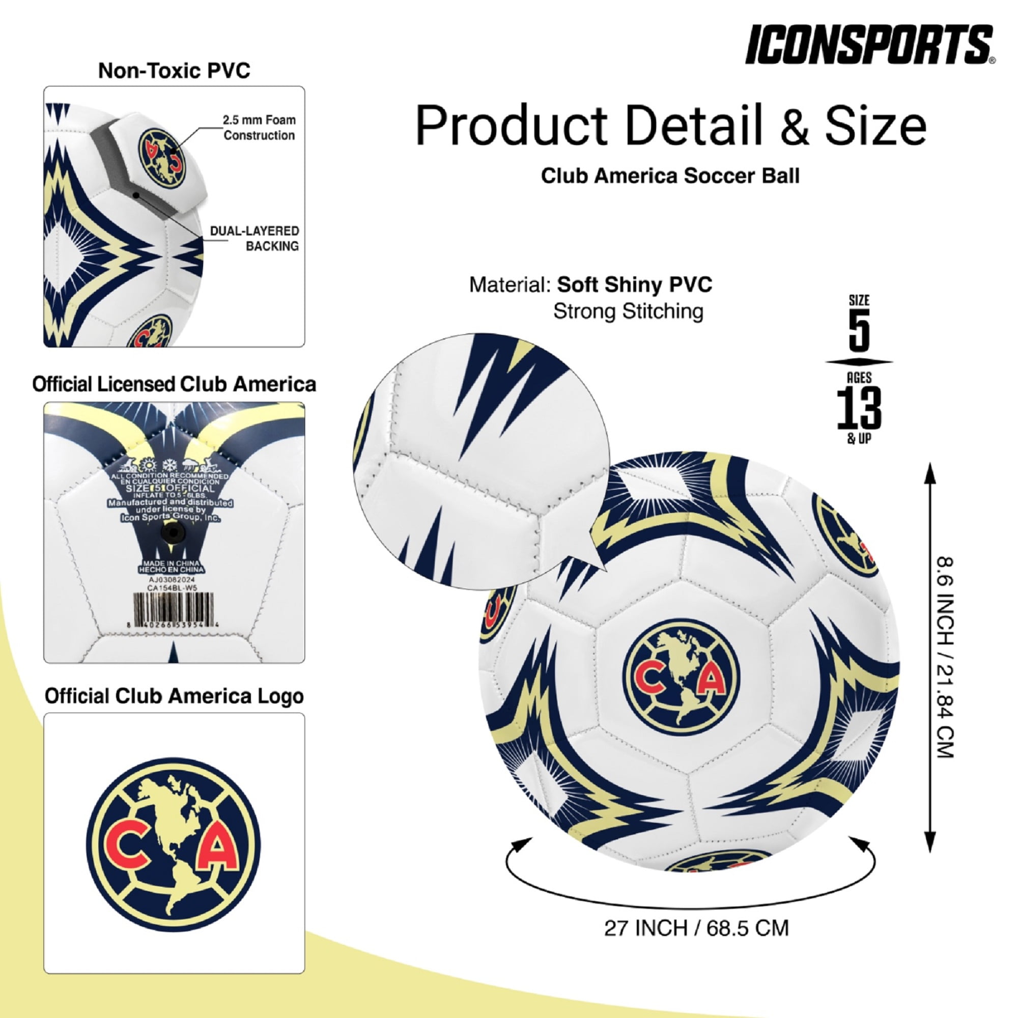 Icon Sports Club America Kaleidoscope Design Soccer Ball Size 5 [White]
