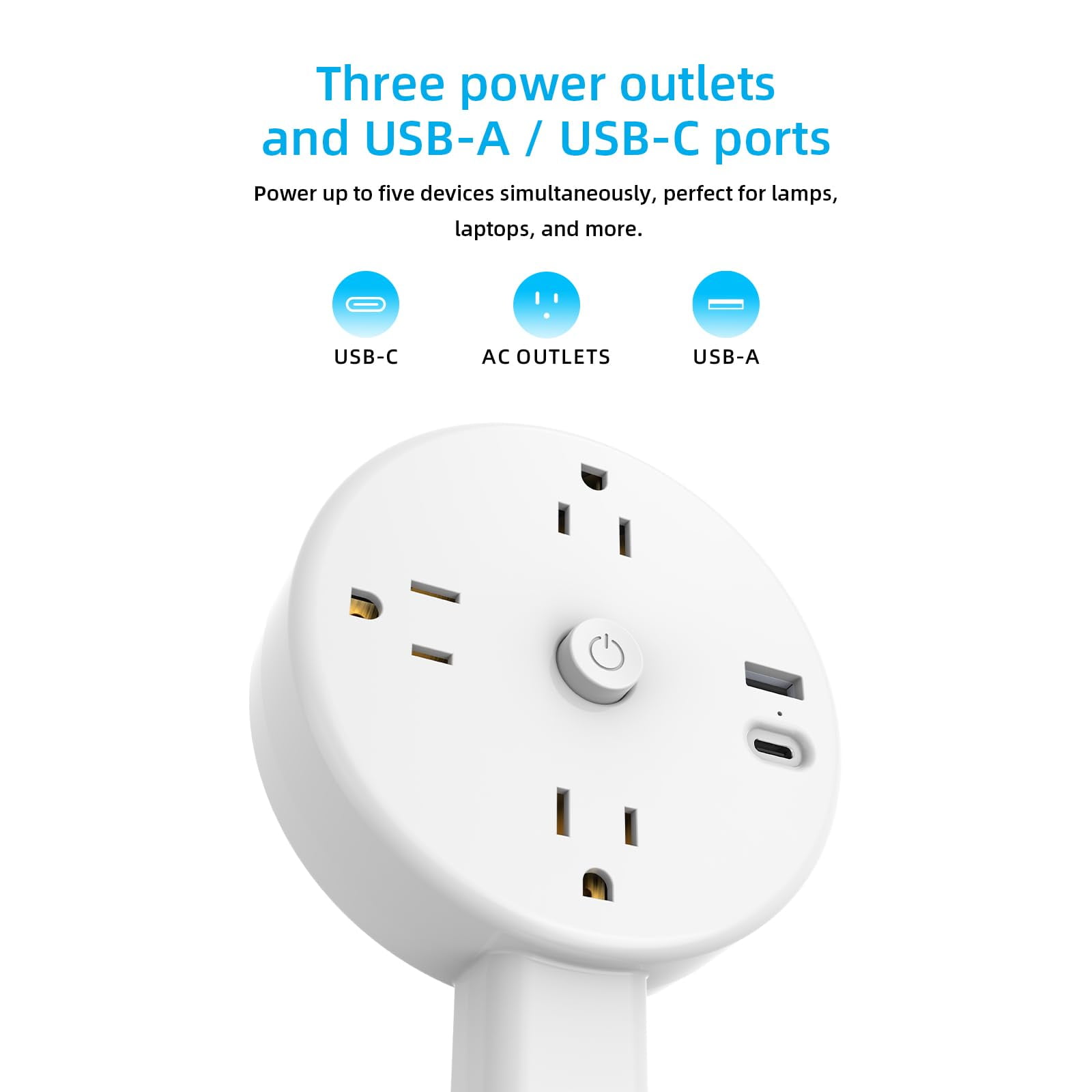 Electrical Outlet Extender Adjustable Power Socket Expander, 1800J Surge Protection, Extends 18.5"-26.5", Rotates 180 °   Features USB-A, USB-C&3 AC Outlets, for Couches, Desks, Nightstands and More