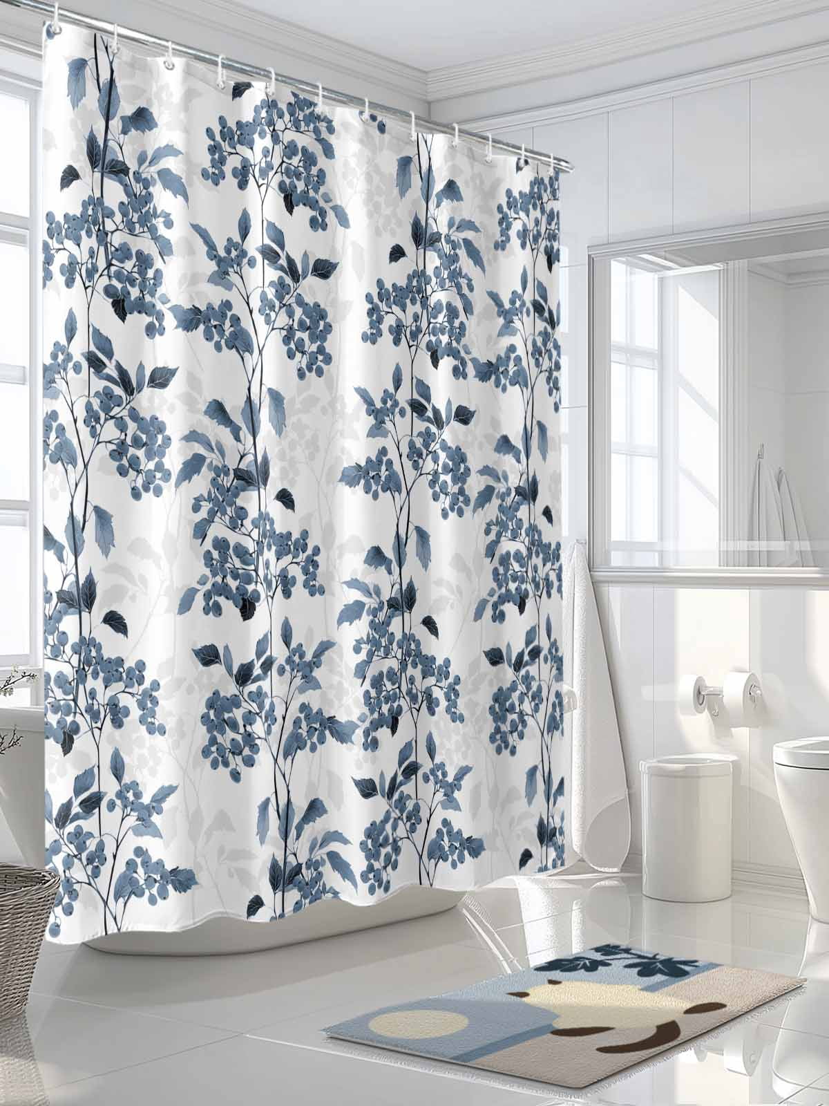 Boanket Polyester Fabric Blue Botanical Shower Curtain, Vintage Nature Flower Floral Waterproof Bathtub Curtain Bathroom Decor Set with Hooks 48 x 72 Inches,