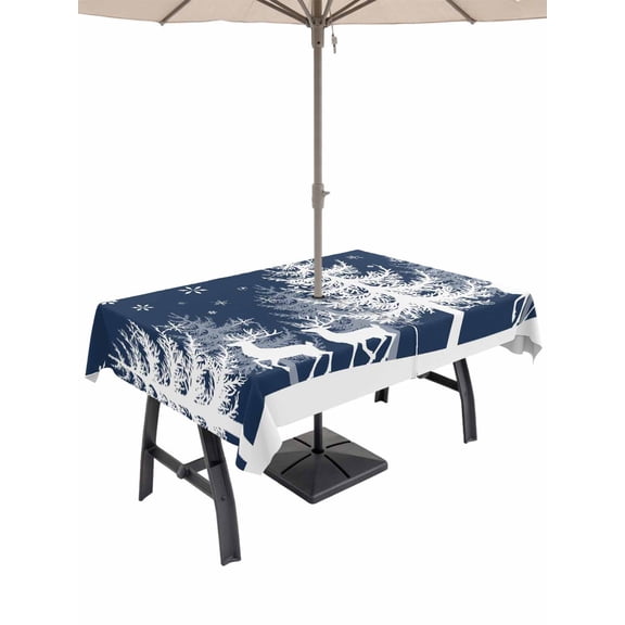 Outdoor Tablecloth with Umbrella Hole and Zipper, Christmas Blue Rectangle Table Cloth 54x80 Inch Waterproof Tablecloth, White Xmas Tree Elk Winter Snowflake Picnic Table Cover for Patio Camping