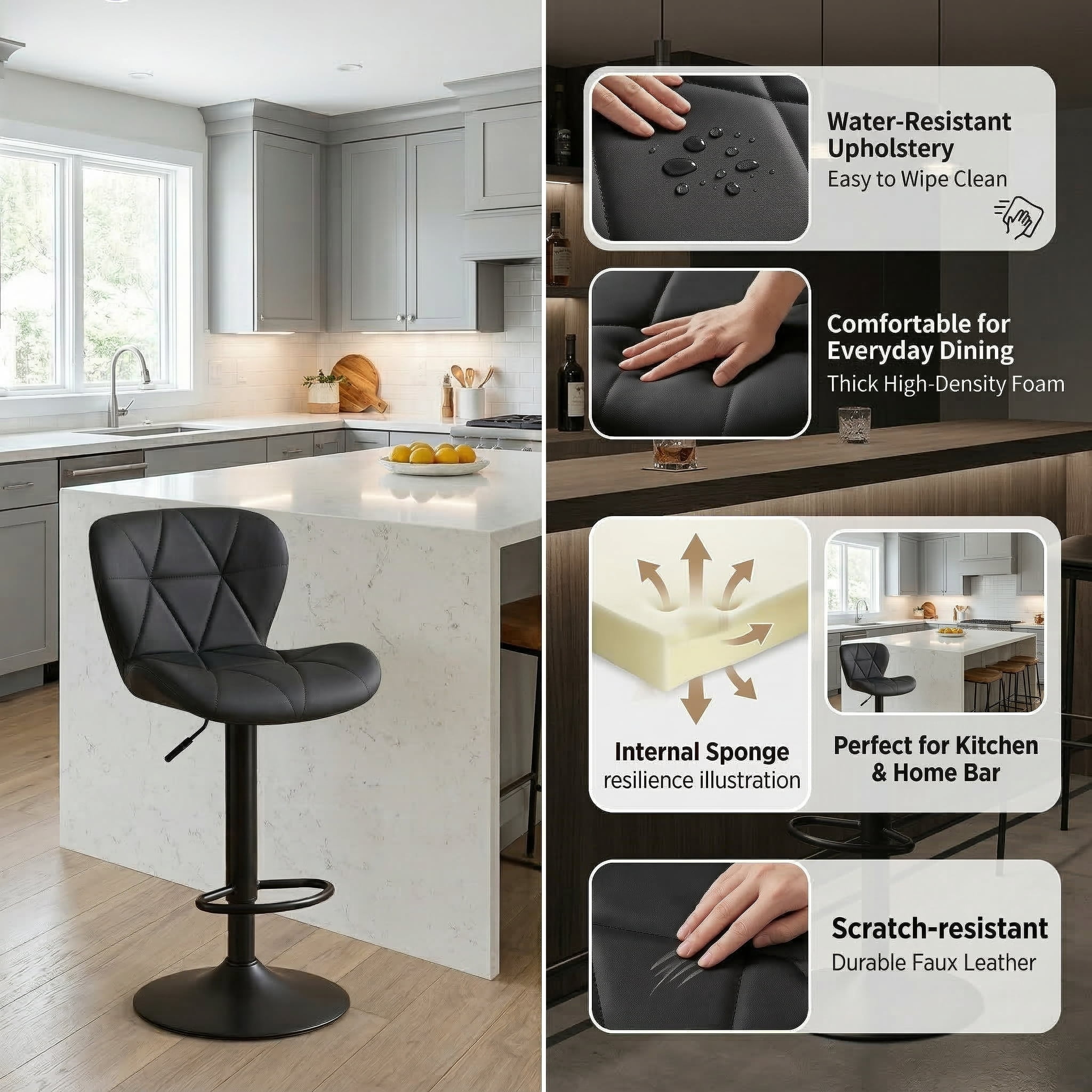 Restworld BarStools Set of 4, Adjustable Faux PU Leather Modern Armless Bar Chairs for Kitchen,Black