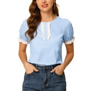 Allegra K Junior's Casual Crew Neck Puff Sleeve Ruffled Lace Trim Blouse Top