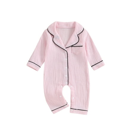 

Bslissey Baby Boy Girl Cotton Linen Footless Jumpsuit Long Sleeve Lapel Collar Buttons Full-Length Rompers Infant Toddler Casual Loungewear Sleepwear 3M 6M 12M 18M