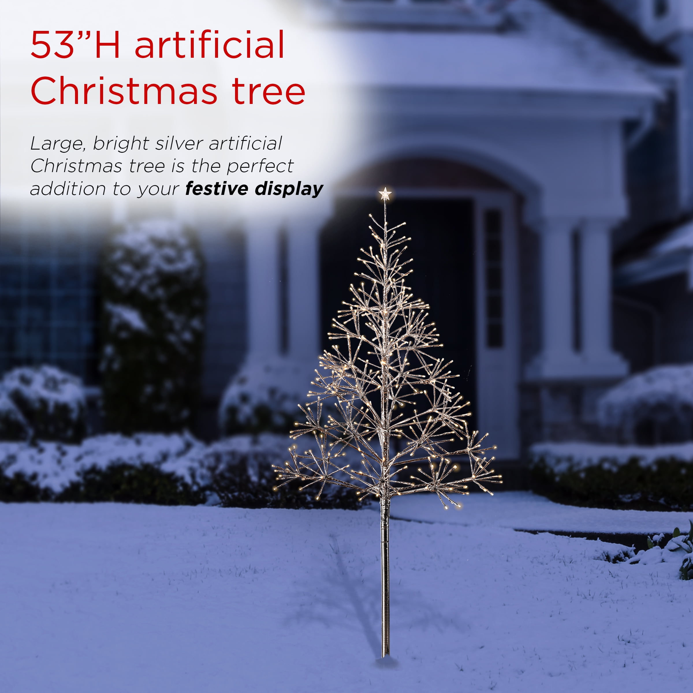 Alpine Corporation 53"H Indoor/Outdoor Artificial Christmas Tree with White LED Lights, Silver