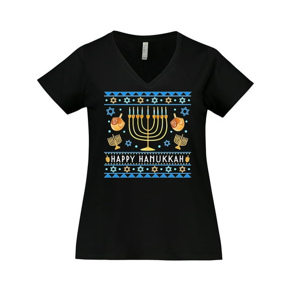 Inktastic Happy Hanukkah Sweater Style Design with Menorah and Dreidel Women's Plus Size V-Neck T-Shirt