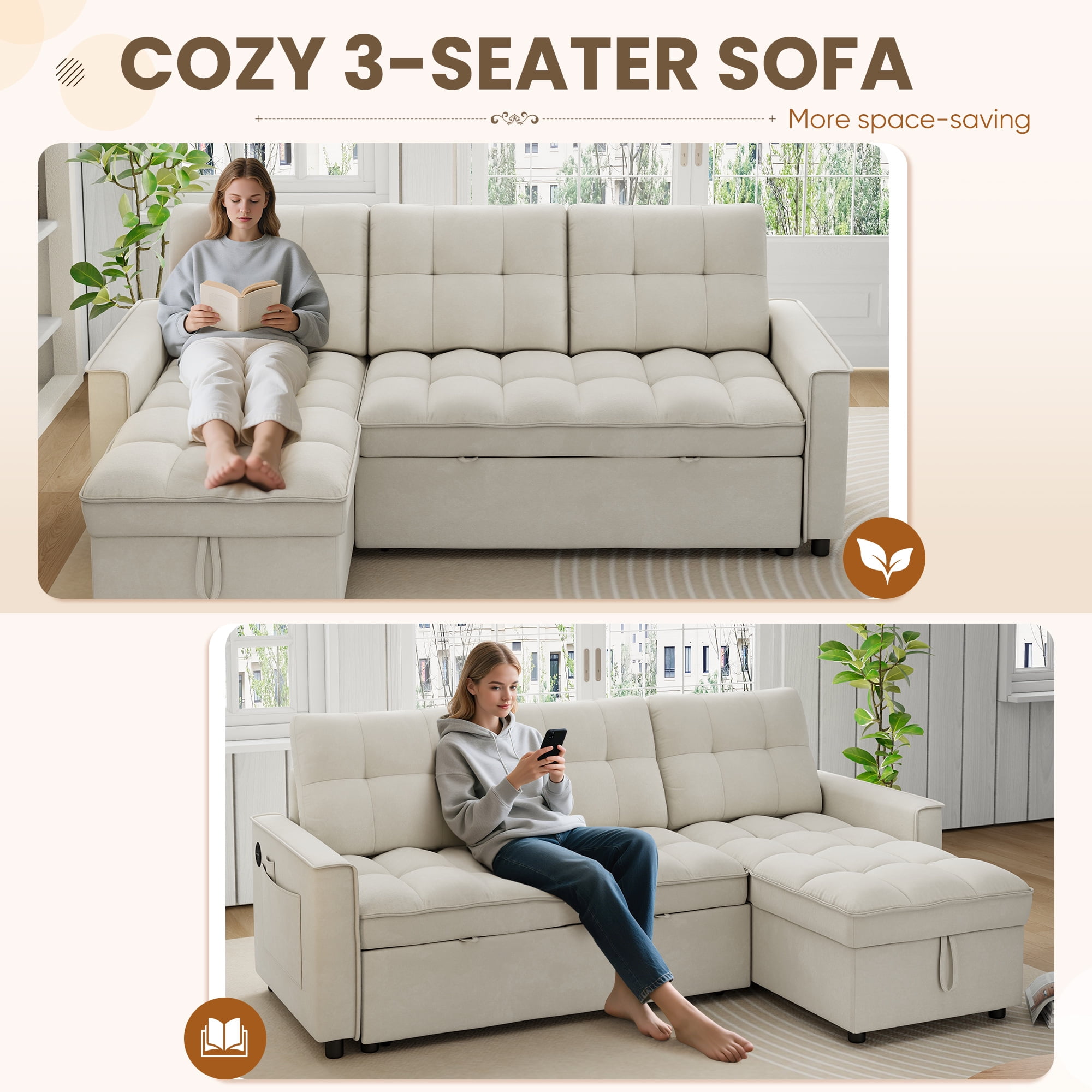 Muumblus Convertible Sofa Bed, Sectional Sleeper Sofa with Storage Chaise, L-Shaped Couch for Living Room, Beige Chenille