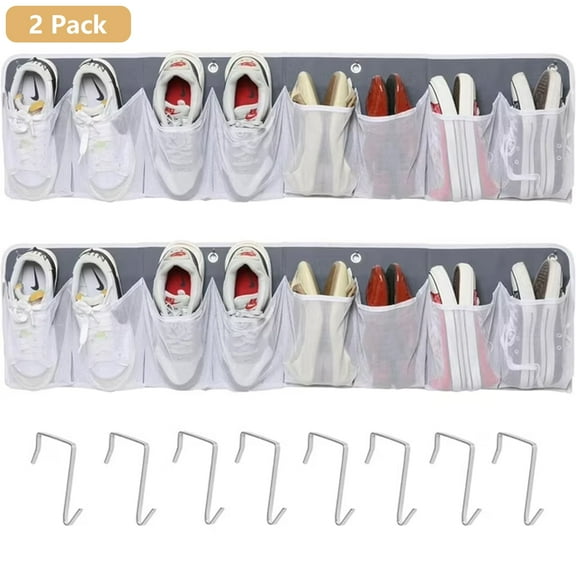 HQinX 2 Pack Wall-Mounted Shoe Organizer - 16 Extra Large Pockets & 8 Hooks, Bedside/Camper/RV Storage Caddy for Shoes, Toys & More