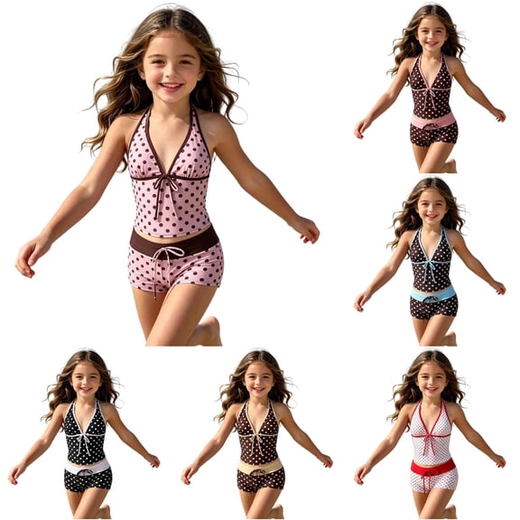 Ulitacool Teen Girl'S Swimsuit Sleeveless Summer Tie Front Two Piece Swimsuit For Stylish Strappy Bikini With Playful Polka For Sunny Days And Beach Adventures Classic Wear Pink