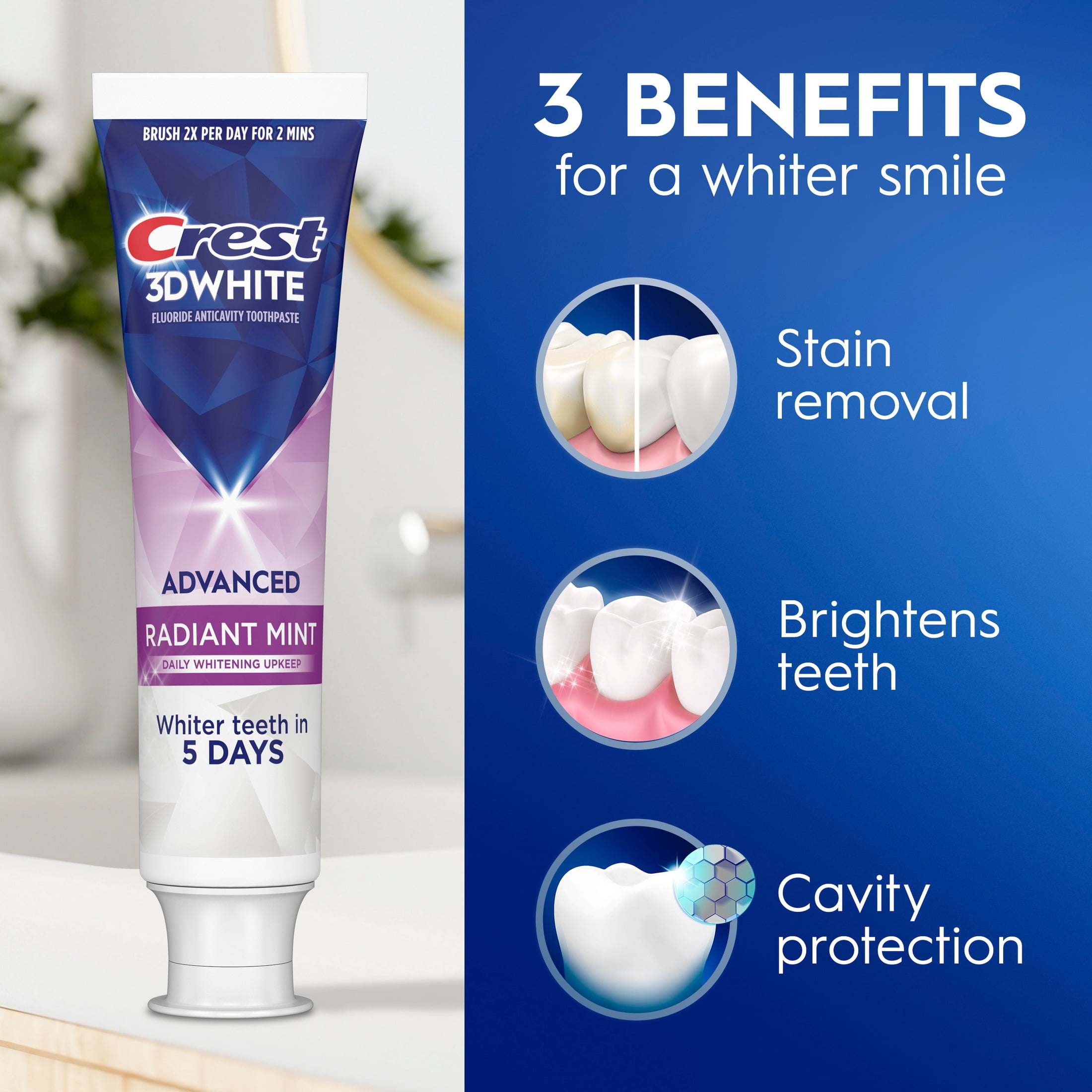 Crest Toothpaste, 3DWhite Advanced Whitening Toothpaste, Radiant Mint Flavor, 3.3 oz, 4 Pack