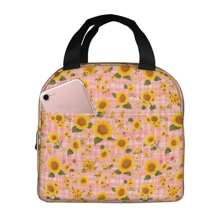 Insulated Lunch Bag for Women Men - Pink Plaid Sunflower Leakproof Cooler Lunch Box for Women Men  Lunch Tote Bags for Work School Picnic Travel