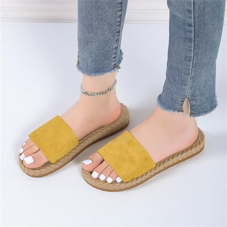 

Cathalem Mint Slippers for Women Fuzzy Ladies Fashion Solid Color Suede Strap Straw Woven Bottom Flat Open Womens Comfy Slippers Yellow 8