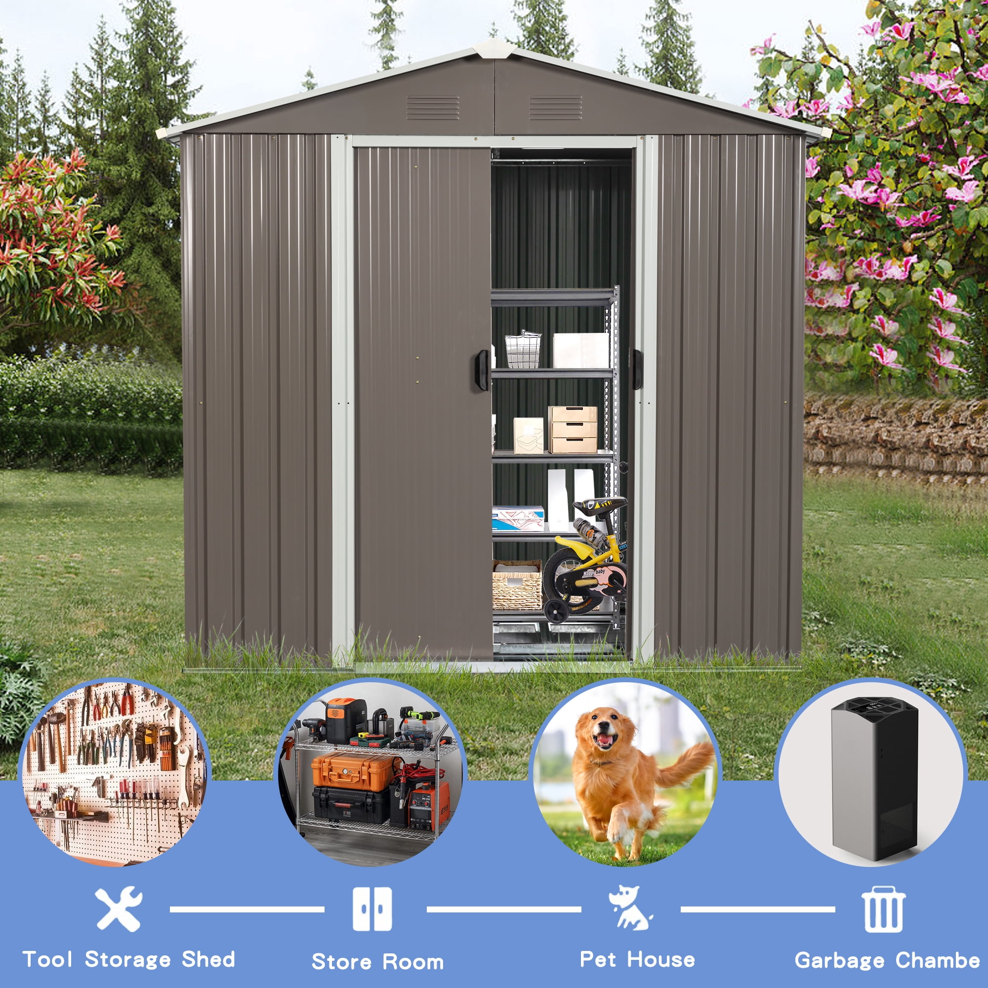 8FT x 4FT Outdoor Metal Storage Shed with Sliding Door and Foundation for Backyard, Patio