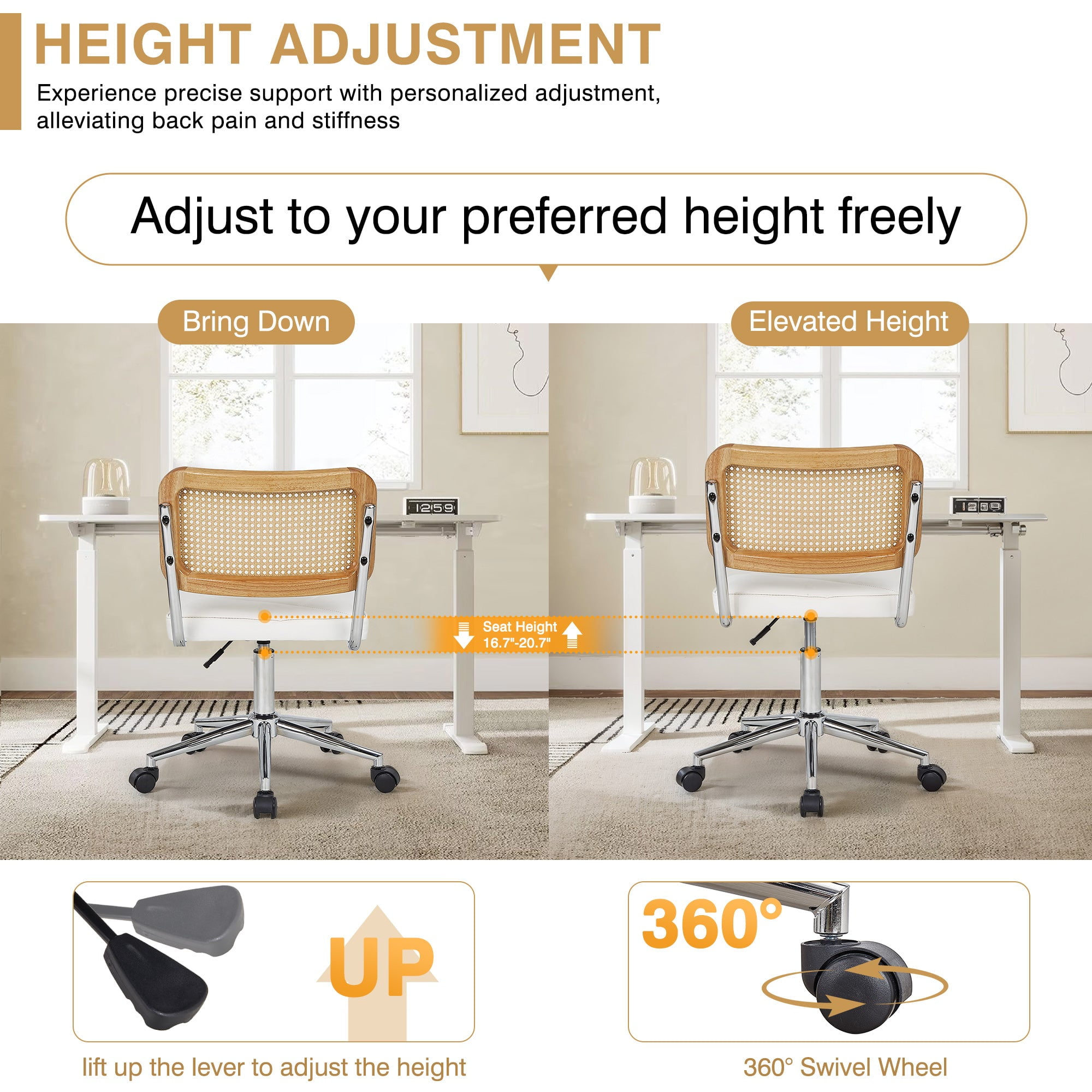 VECELO Mid Century Home Office Chair with Wheels, Modern PU Leather Desk Chair with Rattan Backrest, Adjustable Height Task Chair Swivel Computer Chair, White