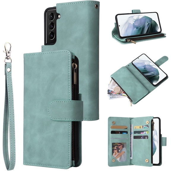 Compatible with Galaxy S22 5G Wallet Case, Premium PU Leather Zipper Folio RFID Blocking with Card Slot Wrist Strap Magnetic Closure Built-in Kickstand Protective Case (Baby Blue)
