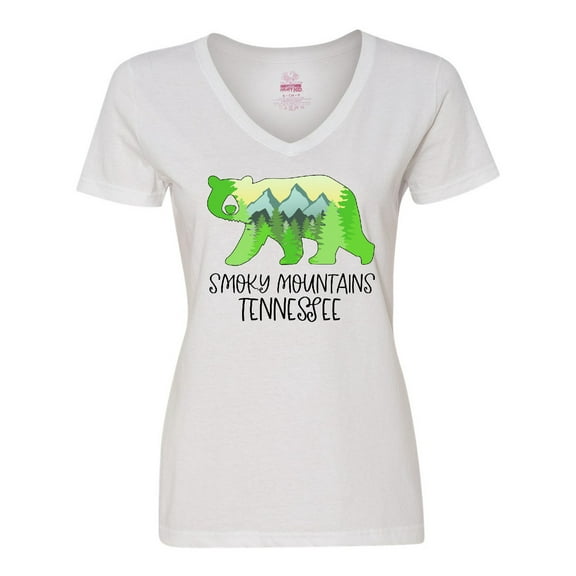 Inktastic Smoky Mountains, Tennessee- Mountains and Bear Shape Women's V-Neck T-Shirt