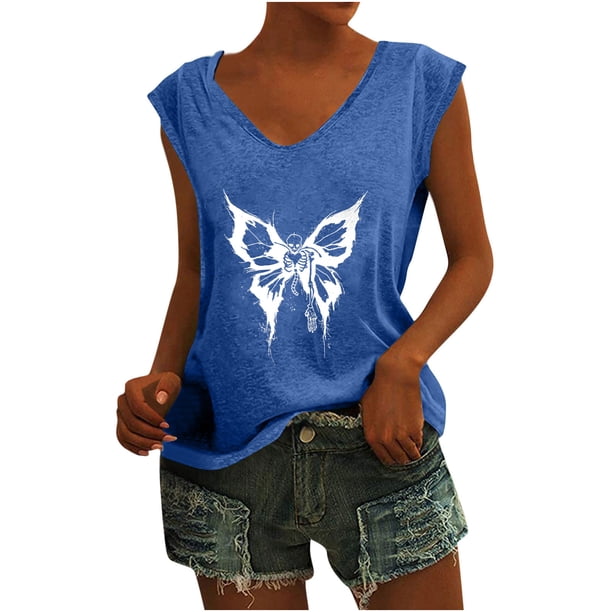 Camisetas sin mangas con cuello en V de verano para mujer, camisetas de manga corta con estampado de mariposa Retro OAVQHLG3B Store lin121212