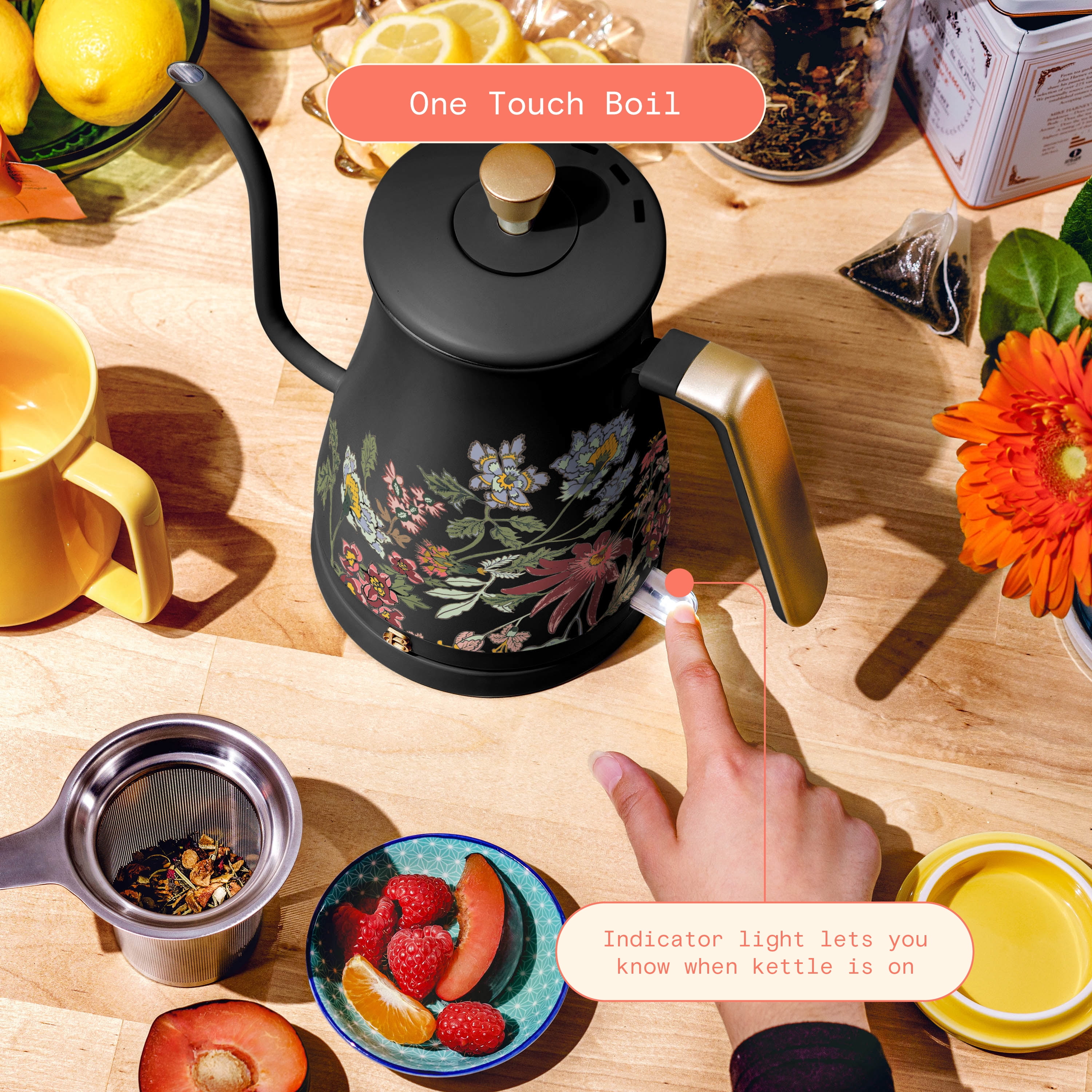 Beautiful 1-Liter Electric Gooseneck Kettle 1200 W, Wildflower Black Sesame by Drew Barrymore